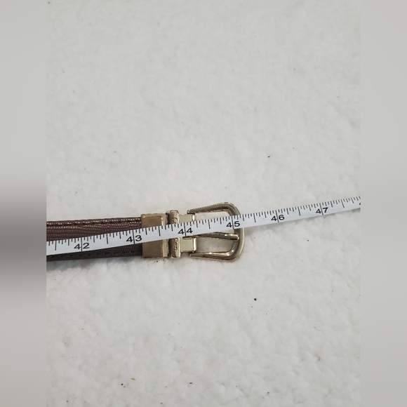 CALVIN KLEIN FANCY BROWN LEATHER THIN PANTS BELT GOLD METAL SQUARE BUCKLE SZ L. - Picture 8 of 8
